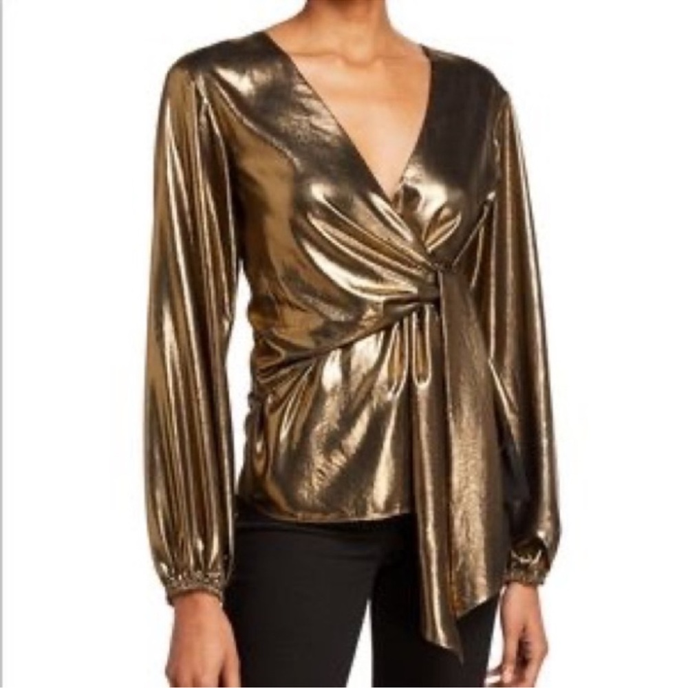 Ramy Brook Metallic Gold Bronze liquid Gold Lameโ Tie front blouse top size XS S